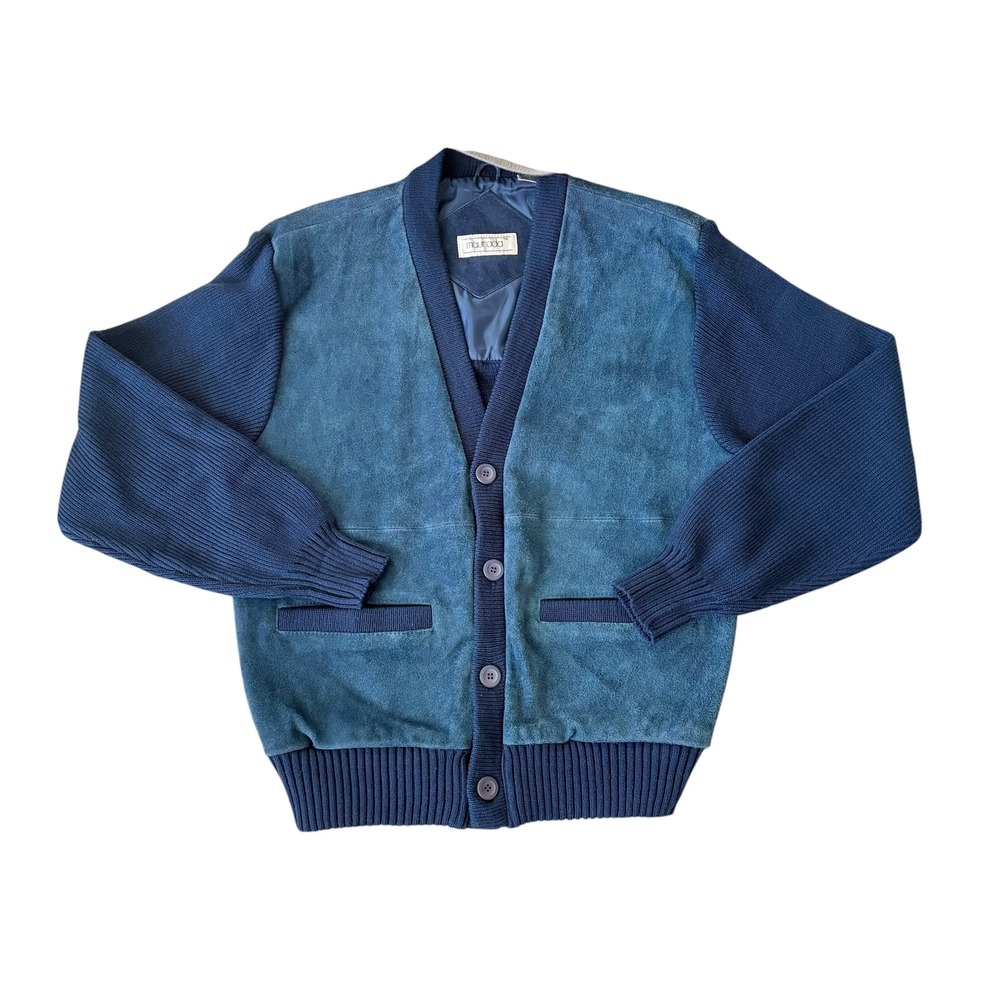 Maurada Vintage Mens Blue Suede Leather Knit Cardigan Sweater M Dark Academia